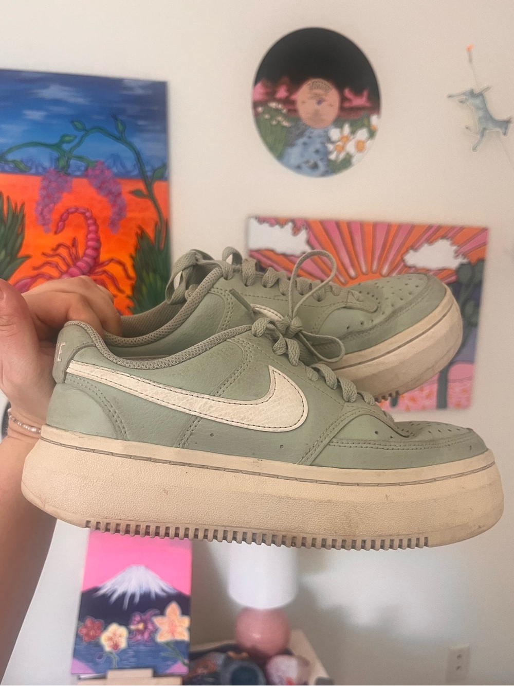 Nike Kids Sage Green Low-Top Sneakers with White Swoosh
